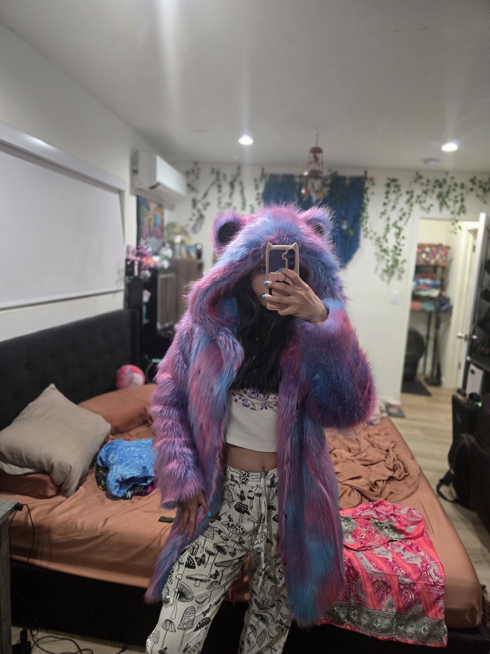 Fuzzy Multi-Color Hooded Faux Fur Coat